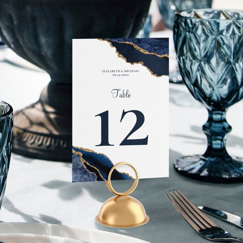 Elegant Agate Navy Blue White Wedding Table Number