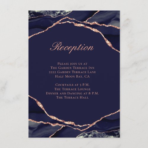 Elegant Agate Navy Rose Gold Wedding Reception Enclosure Card