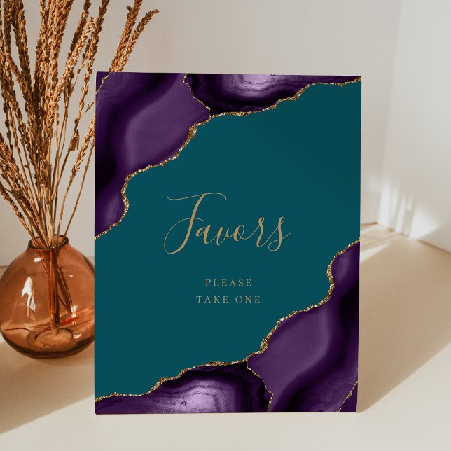 Elegant Agate Purple Gold Teal Wedding Favors Pedestal Sign (Creator Uploaded)