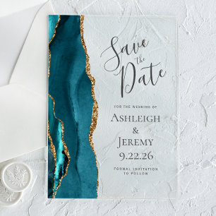 Elegant Agate Teal Blue Gold Save the Date Acrylic Invitations