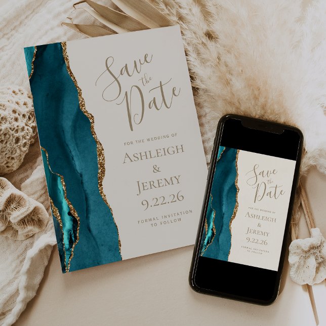 Elegant Agate Teal Gold Ivory Save the Date Invitation (Creator Uploaded)