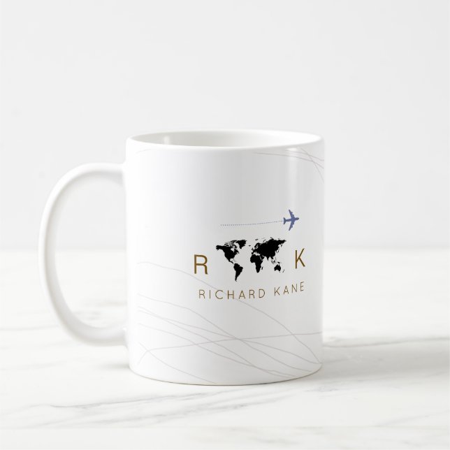 elegant airplane + map monogrammed on white coffee mug (Left)