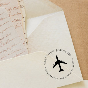 Elegant Airplane Round Custom Name Return Address Self-inking Stamp