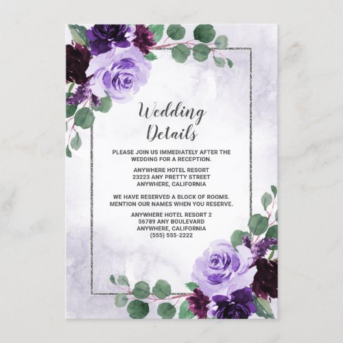 Elegant Airy Boho Floral Purple and Silver Wedding Enclosure Card