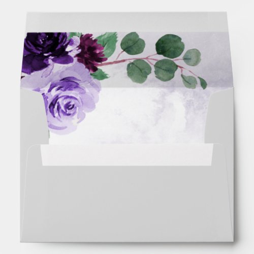 Elegant Airy Boho Floral Purple and Silver Wedding Envelope - Features a light silver-gray exterior in color hex code: #dedede that you can change to your color preference or leave as is.  The inside features an airy purple watercolor wash with a floral design element of eucalyptus greenery and various purple florals in shades of eggplant/plum, burgundy, lavender and more.