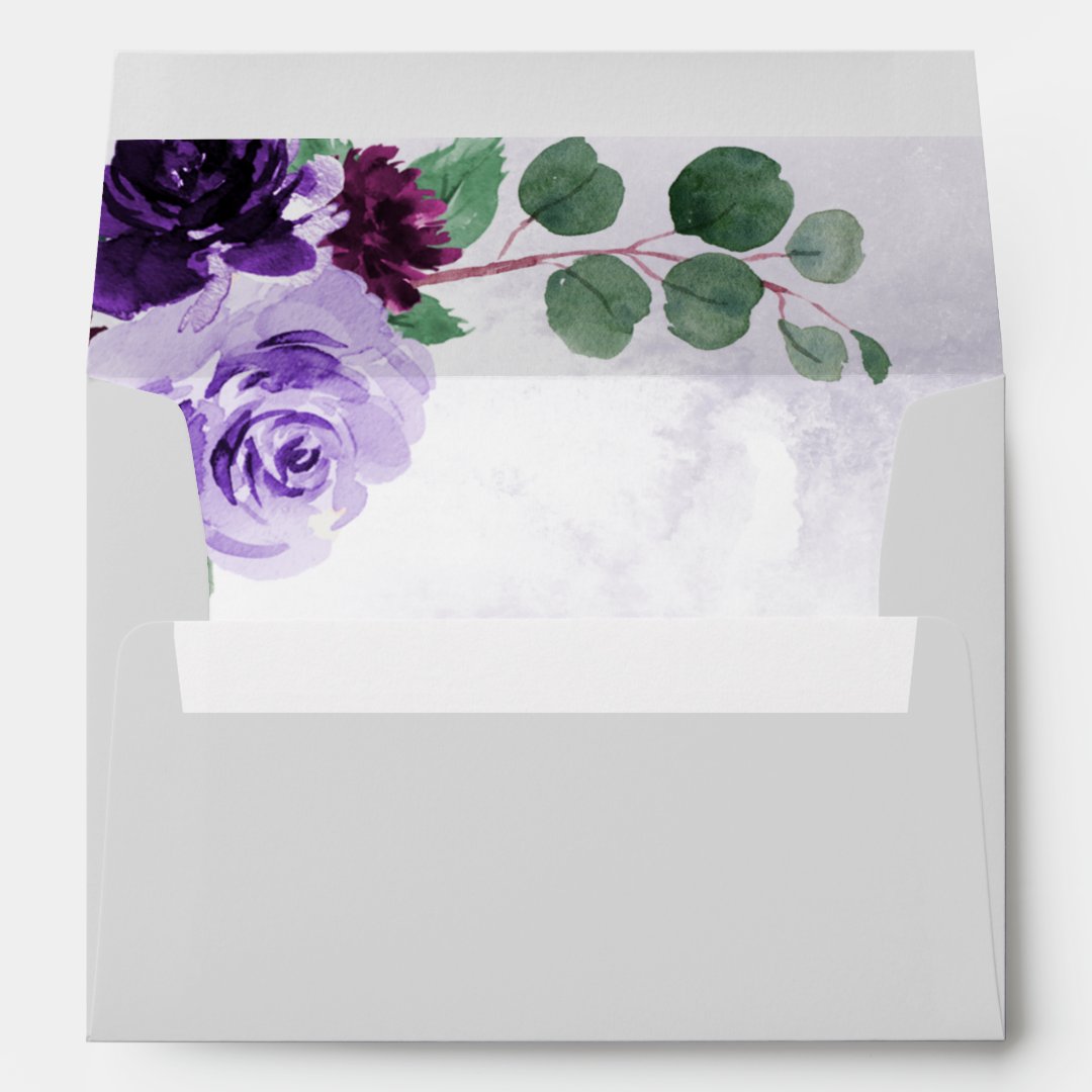 Elegant Airy Boho Floral Purple And Silver Wedding Envelope | Zazzle