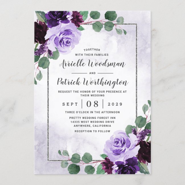 Elegant Airy Boho Floral Purple and Silver Wedding Invitation