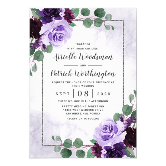 Elegant Airy Boho Floral Purple and Silver Wedding Invitation