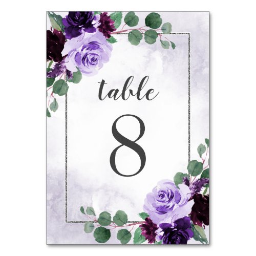 Elegant Airy Boho Floral Purple and Silver Wedding Table Number