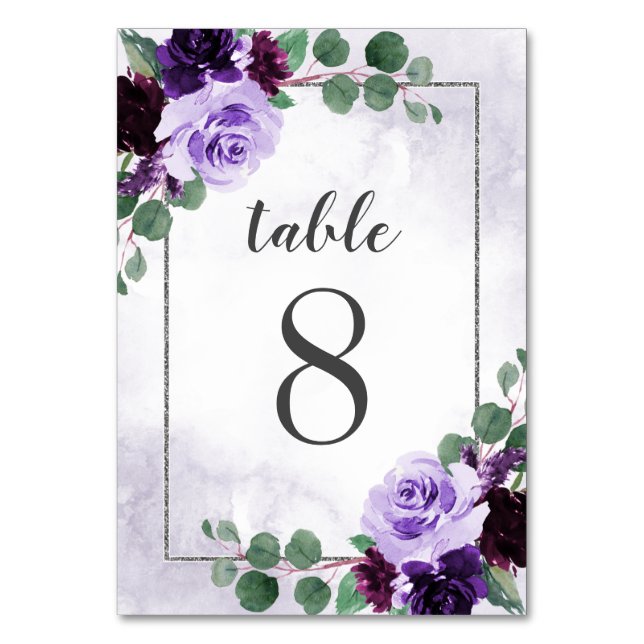 Elegant Airy Boho Floral Purple and Silver Wedding Table Number (Front)