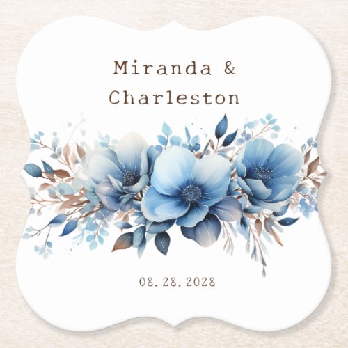 Elegant Airy Dusty Blue Floral Wedding Paper Coaster
