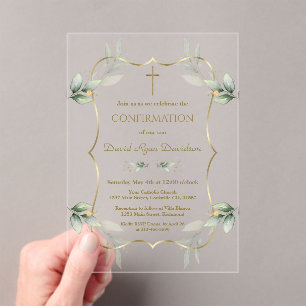 Elegant Airy Greenery Gold Cross Confirmation  Acrylic Invitations