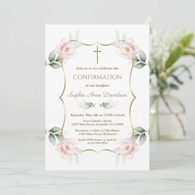 Elegant Airy Greenery Pink Floral Confirmation  Invitation (Standing Front)