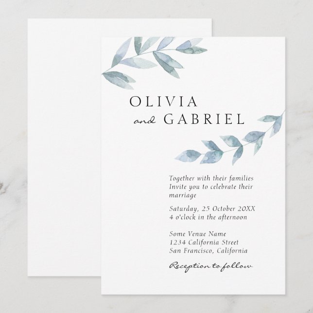 Elegant airy watercolor foliage botanical wedding invitation (Front/Back)