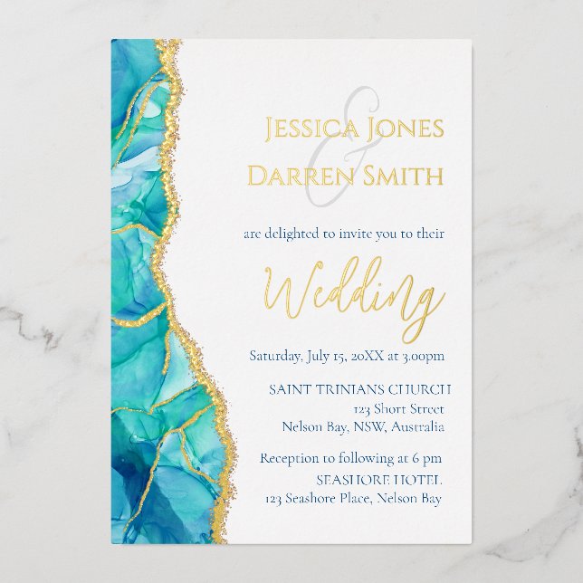 Elegant Alcohol Ink Blue Gold Wedding Foil Invitation (Front)