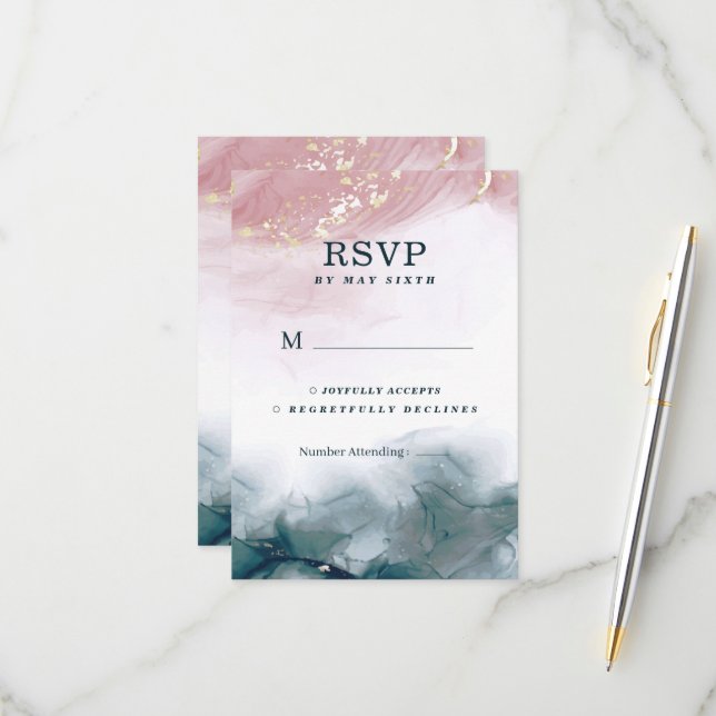 Elegant Alcohol Ink Blush Blue Watercolor Modern RSVP Card (Front/Back In Situ)