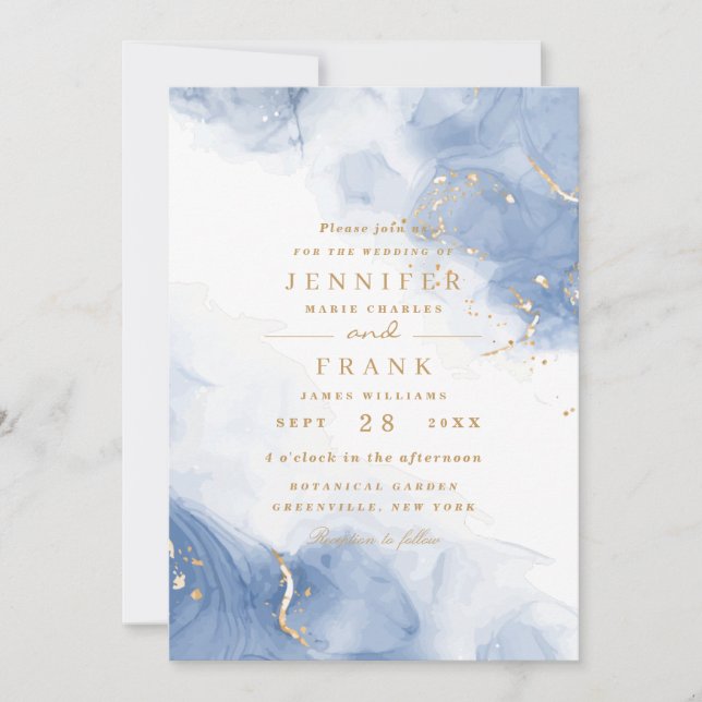 Elegant Alcohol Ink Gold Blue Minimal Modern White Invitation (Front)