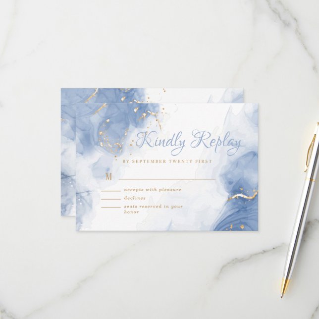 Elegant Alcohol Ink Gold Blue Minimal Modern White RSVP Card (Front/Back In Situ)
