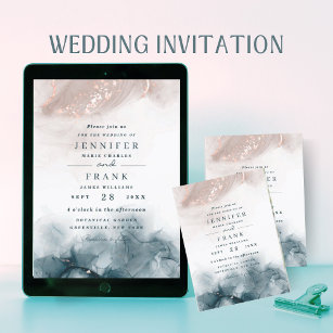 Elegant Alcohol Ink Gold Blush Blue Modern Wedding Invitation