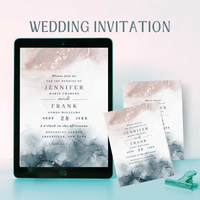 Elegant Alcohol Ink Gold Blush Blue Modern Wedding Invitation (Creator Uploaded)