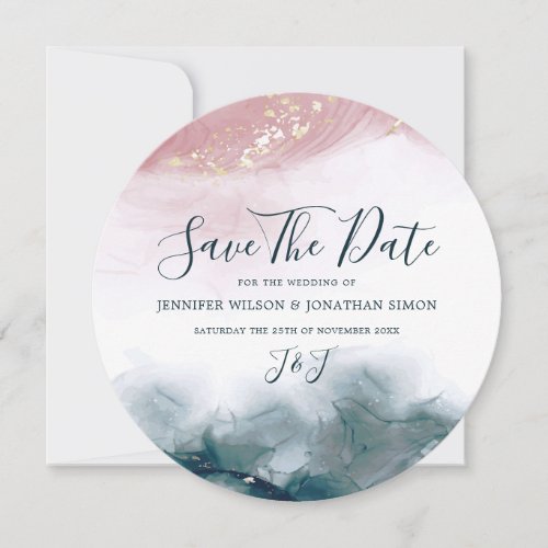 Elegant Alcohol Ink Gold Blush Blue Watercolor Save The Date