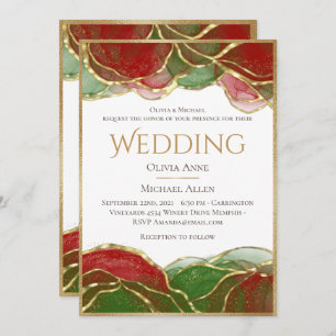 Elegant Alcohol Ink Red Green Holiday Wedding Invitation