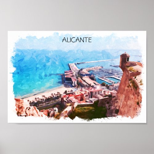 Elegant Alicante Spain Panorama Watercolor Poster