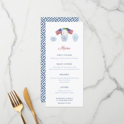 Elegant All-American Formal Luncheon Party Menu - A smart menu design shown here for a Family or Group Reunion luncheon but all of the text is customizable to your needs. This design features a classic blue and white ginger jar filled with neutral florals and 2 American flags. Please note you can change the contrast color on the reverse (currently a dark blue) by entering the design tool and changing the background color of the reverse side. 