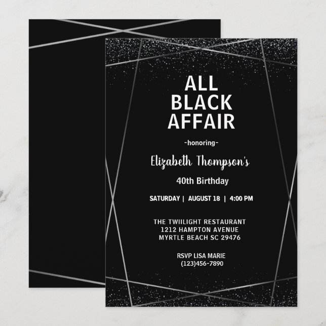 Elegant All Black Affair 40th Birthday Celebration Invitation (Front/Back)