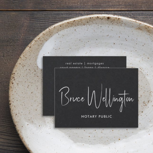 Elegant All Black Signature Script Notary Attorney Business Card (Creator Uploaded)