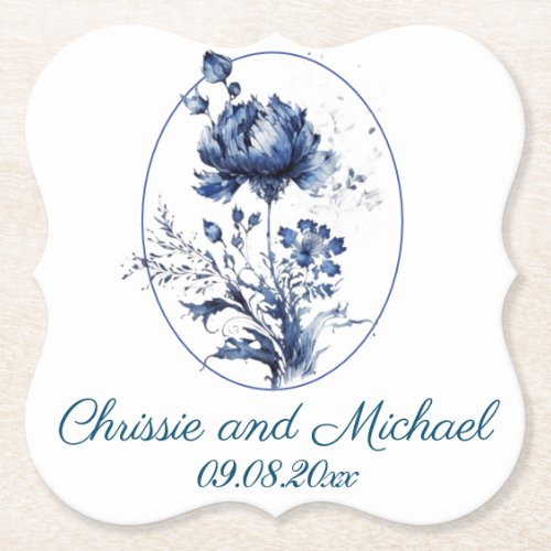 Elegant All Blue Chrysanths Wedding Paper Coaster