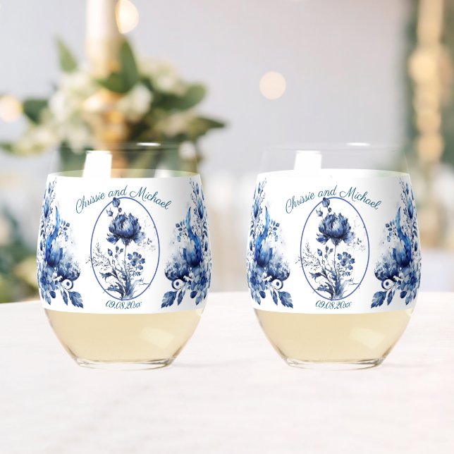 Elegant All Blue Chrysanths Wedding Stemless Wine Glass (Insitu (Wedding))
