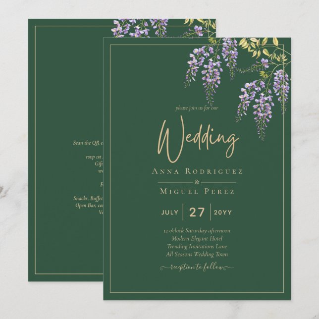 ELEGANT All-in1 Wisteria Floral Green Gold Wedding Invitation (Front/Back)