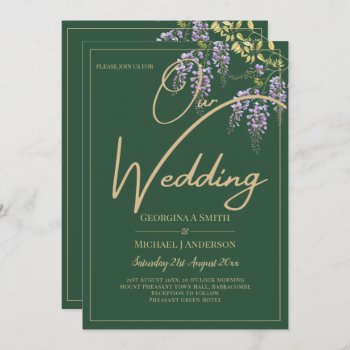 Elegant All-in1 WISTERIA Gold Text Green WEDDING Invitation