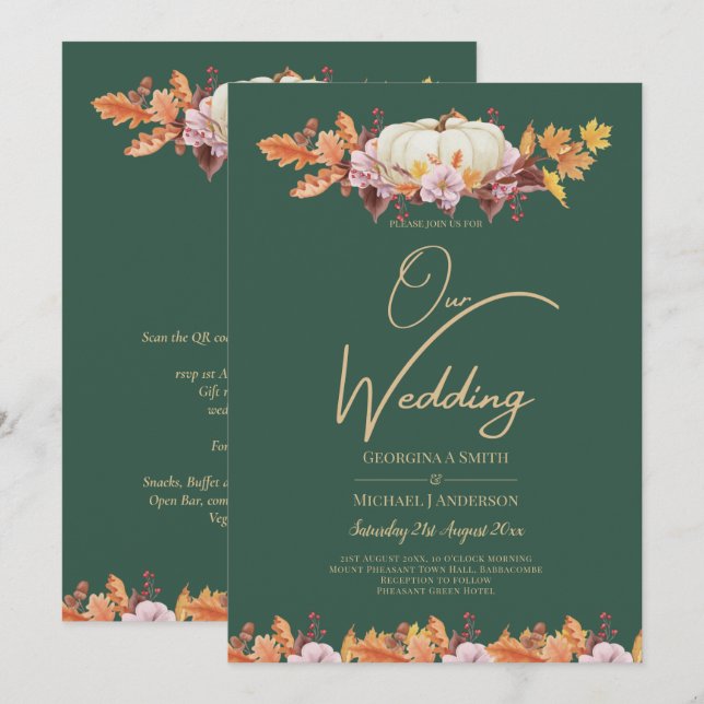 ELEGANT All-in-1 Fall Pumpkin Green Gold Wedding Invitation (Front/Back)