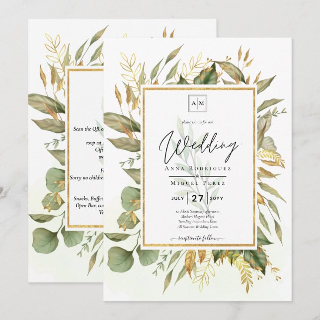 Elegant All-in-1 Greenery Gold Leaves  Wedding Invitation (Front/Back)