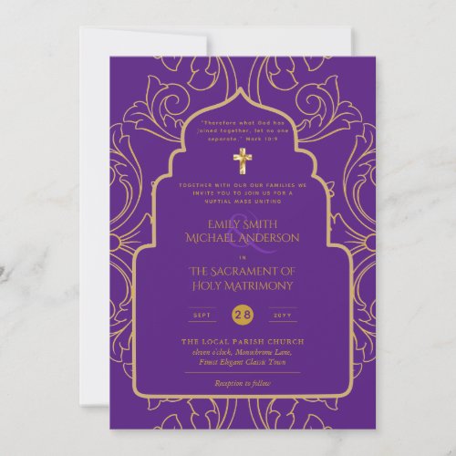Elegant All_in_1 Purple Gold Catholic Wedding Invitation