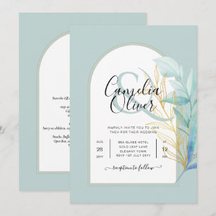 ELEGANT All-in-1 Sea Glass Gold Leaf Sage Wedding Invitation