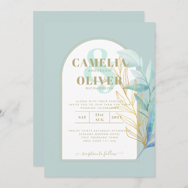 ELEGANT All-in-1 Sea Glass Gold Leaf Sage Wedding Invitation (Front/Back)
