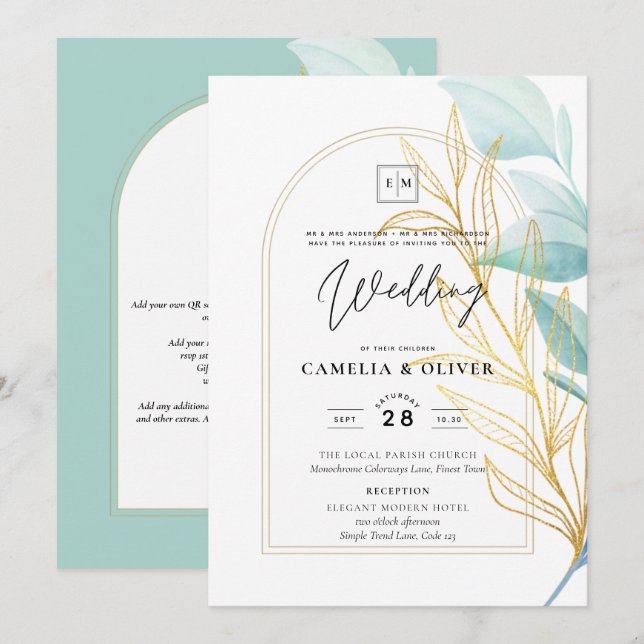 Elegant All-in-1 Sea Glass Teal Gold Leaf Wedding Invitation (Front/Back)