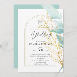 Elegant All-in-1 Sea Glass Teal Gold Leaf Wedding Invitation