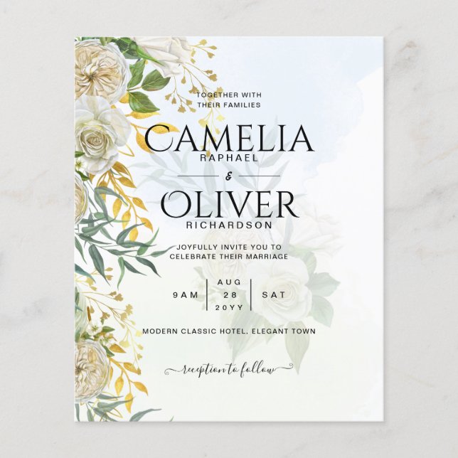 Elegant All-in-1 White Roses Botanical Wedding Flyer (Front)