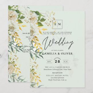 Elegant All-in-1 White Roses Botanical Wedding Inv Invitation
