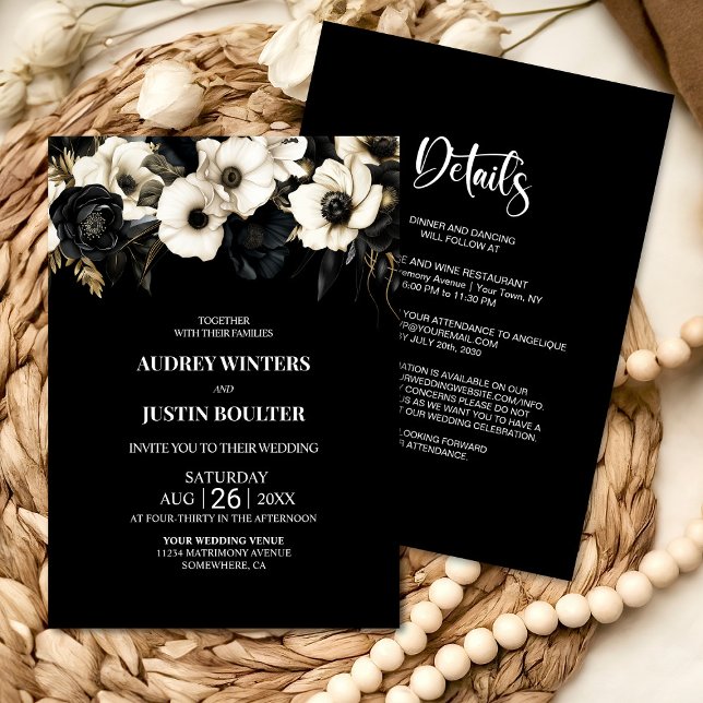 Elegant All in One Black and White Floral Wedding Invitation (Creator Uploaded)