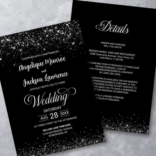 Elegant All In One Black Glitter Wedding Invitation