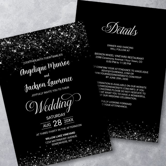 Elegant All In One Black Glitter Wedding Invitation (Creator Uploaded)