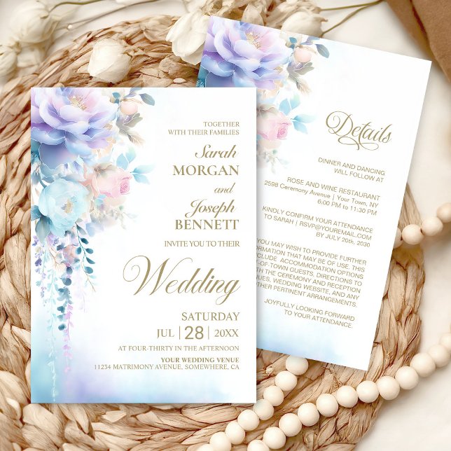 Elegant All in One Blue Floral Wedding  Invitation (Creator Uploaded)