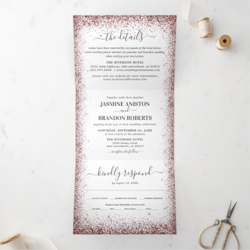 Elegant All in One Burgundy Glitter Wedding Tri_Fold Invitation