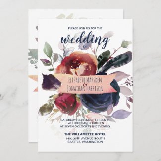 Navy Blue, Burgundy and Rose Gold Wedding Invitation with Roses