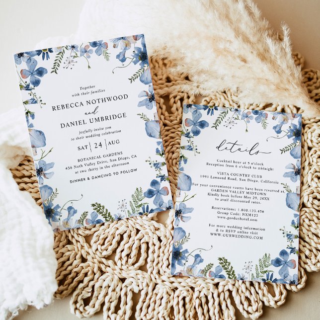 Elegant All in One Dusty Blue Flowers Wedding Invitation (Creator Uploaded)
